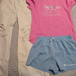 Pink Graphic Tee and Blue Champion Shorts